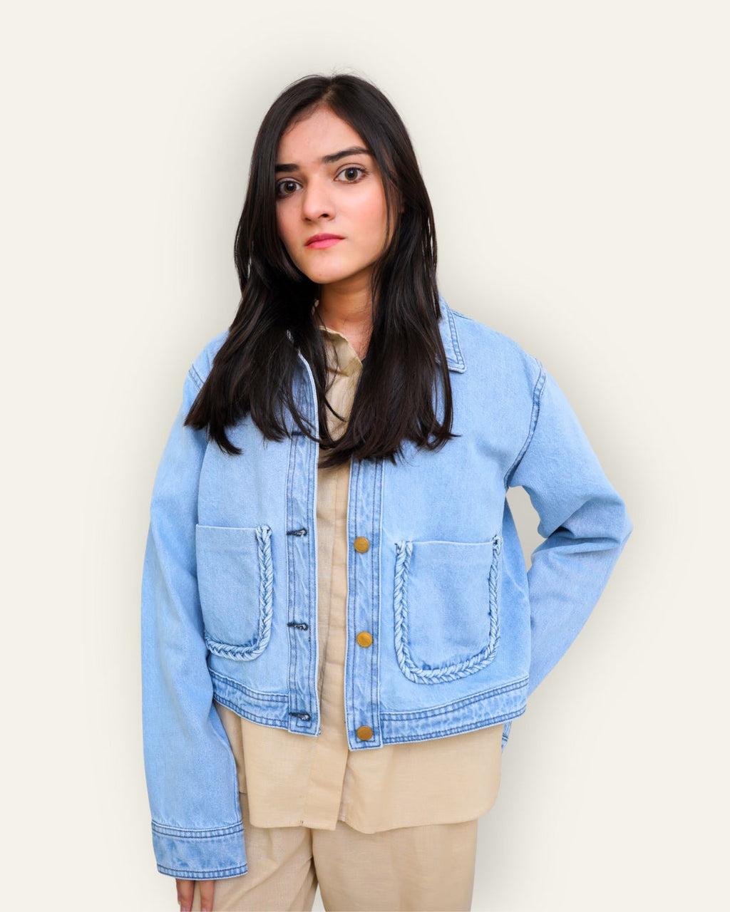 Braided Detail Light Blue Denim Jacket