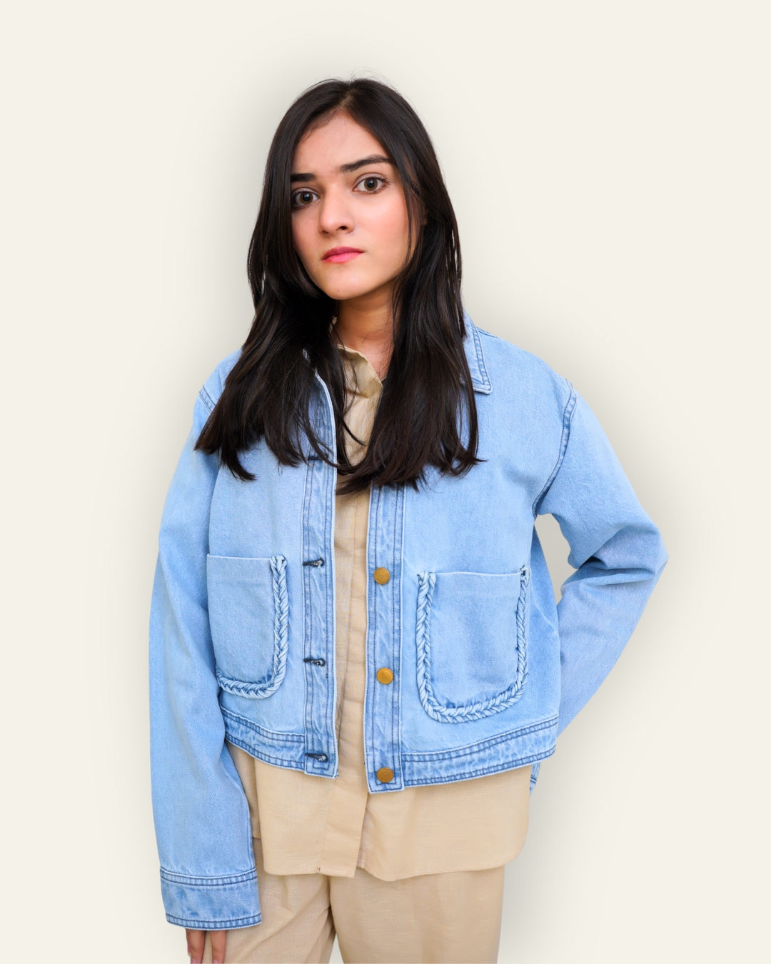 Braided Detail Light Blue Denim Jacket