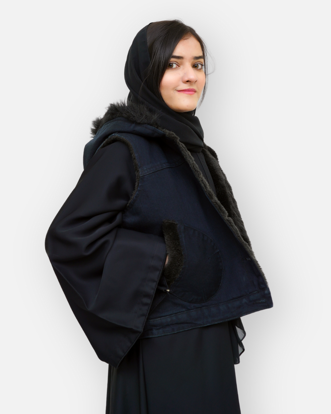 Black Denim Sleeveless Jacket with Contrast Fur Hood