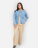 Collarless Light Wash Denim Chore Jacket