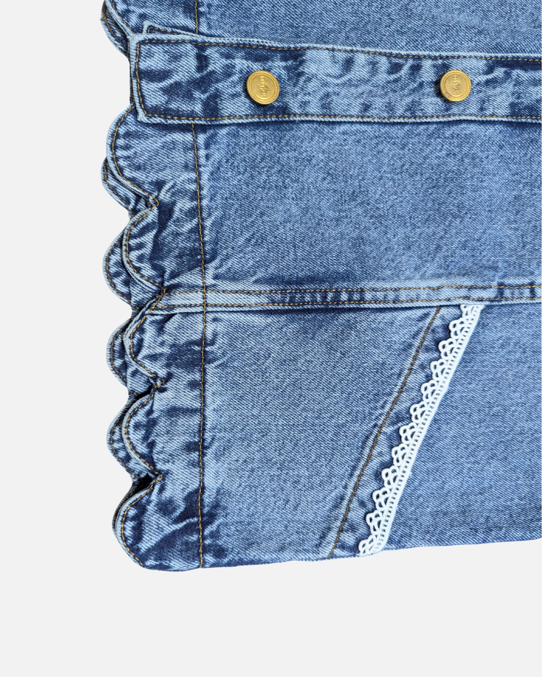 Ruffle Trim Denim Sleeveless Jacket Mid Acid Blue