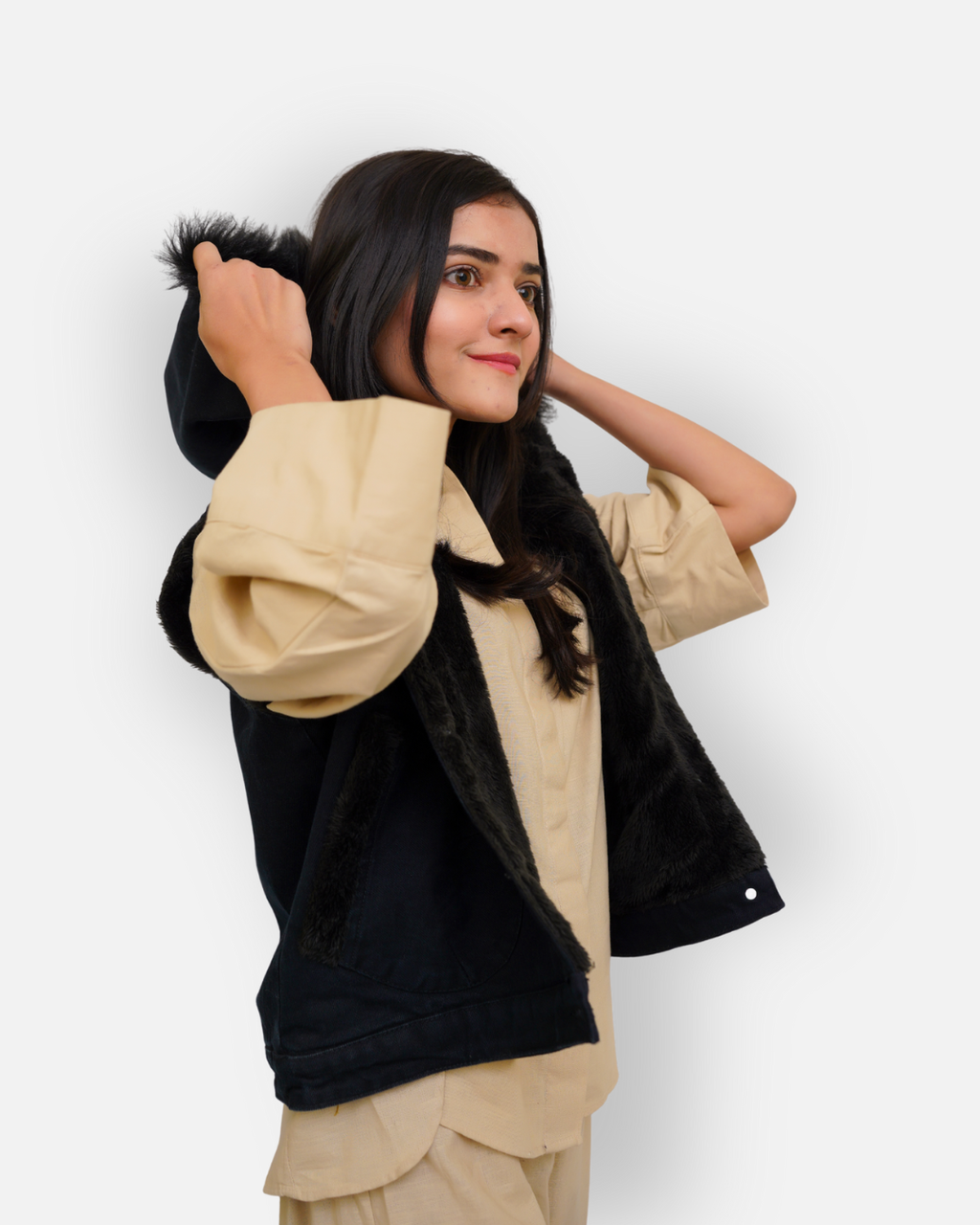 Black Denim Sleeveless Jacket with Contrast Fur Hood