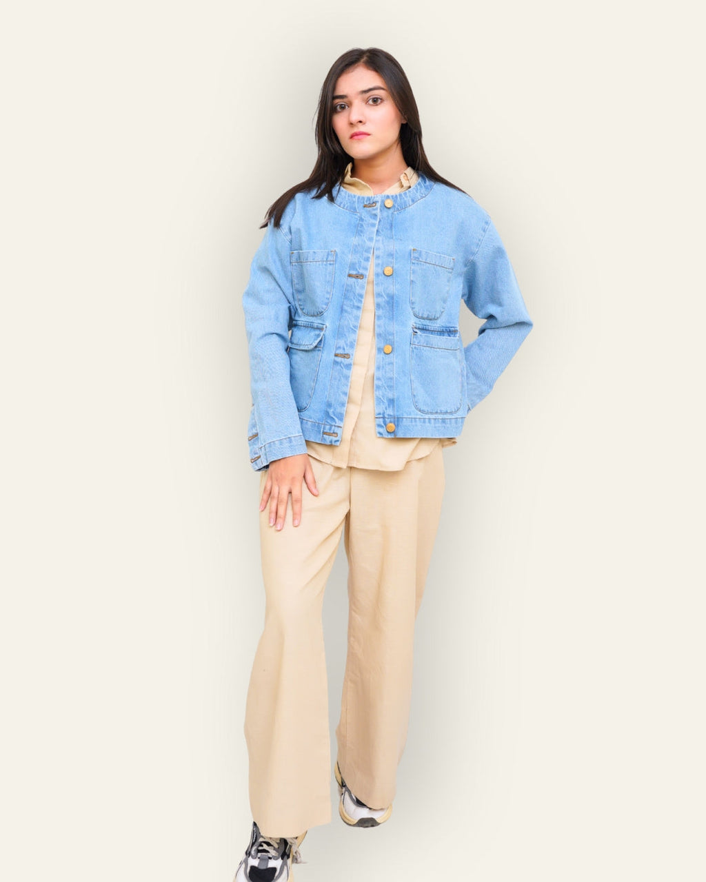 Collarless Light Wash Denim Chore Jacket