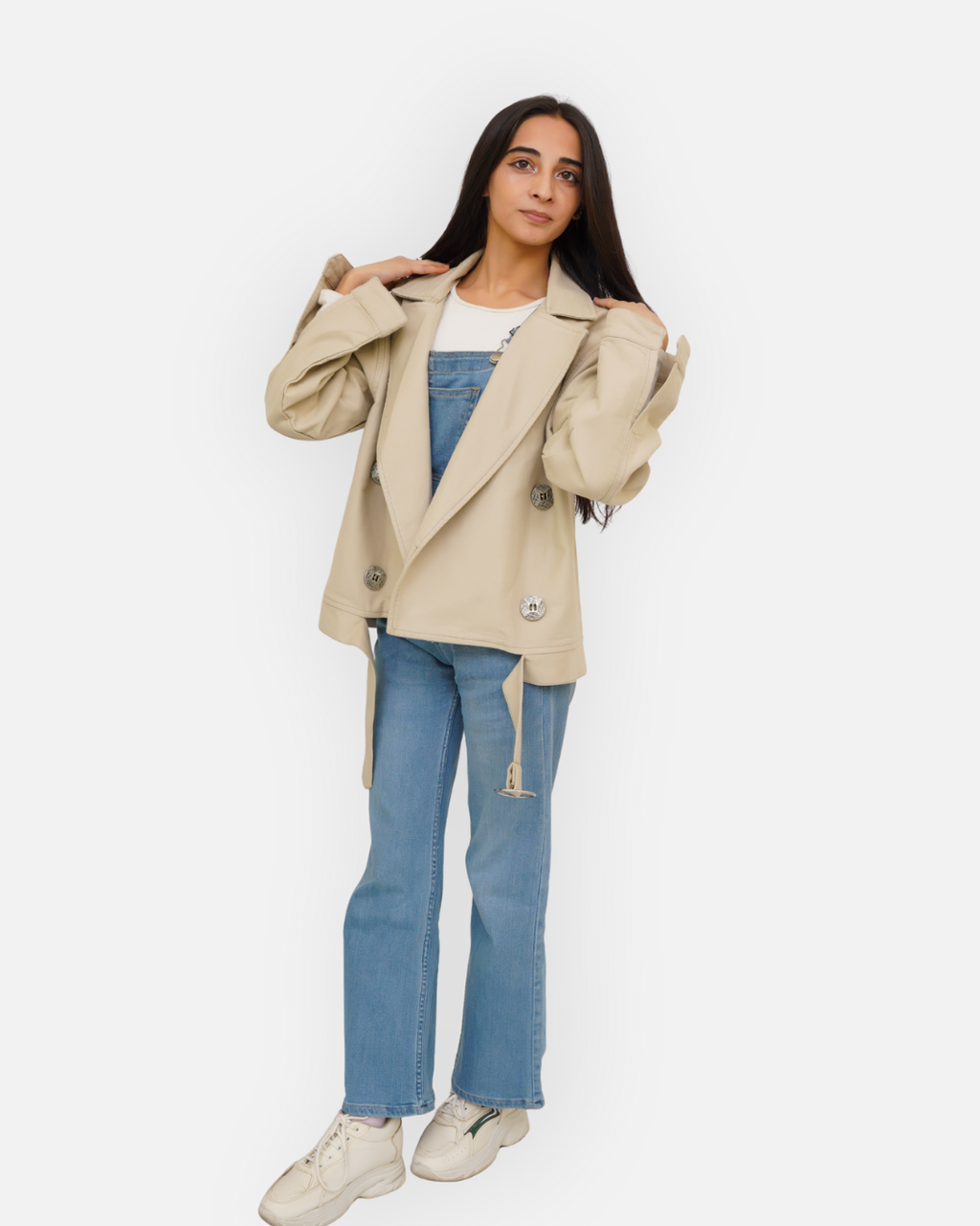 Chic Beige Cotton Double-Breasted Crop Jacket