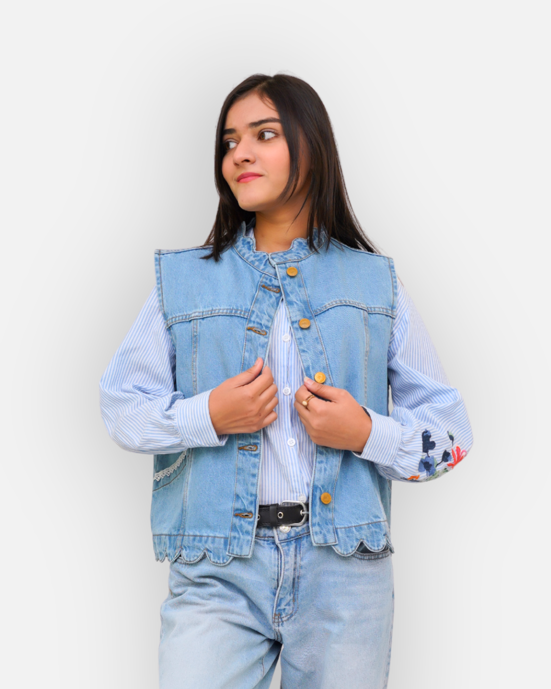 Ruffle Trim Denim Sleeveless Jacket Light Blue