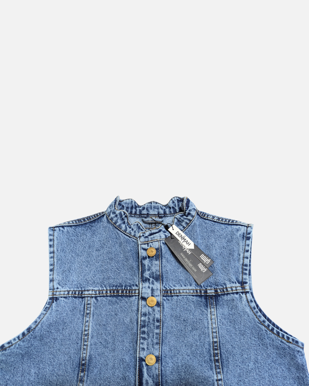Ruffle Trim Denim Sleeveless Jacket Mid Acid Blue