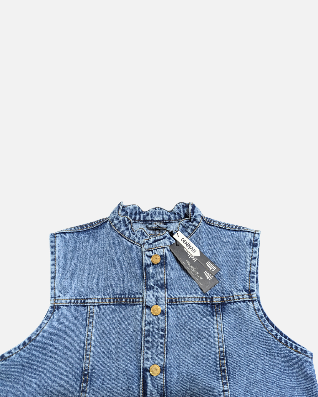 Ruffle Trim Denim Sleeveless Jacket Mid Acid Blue