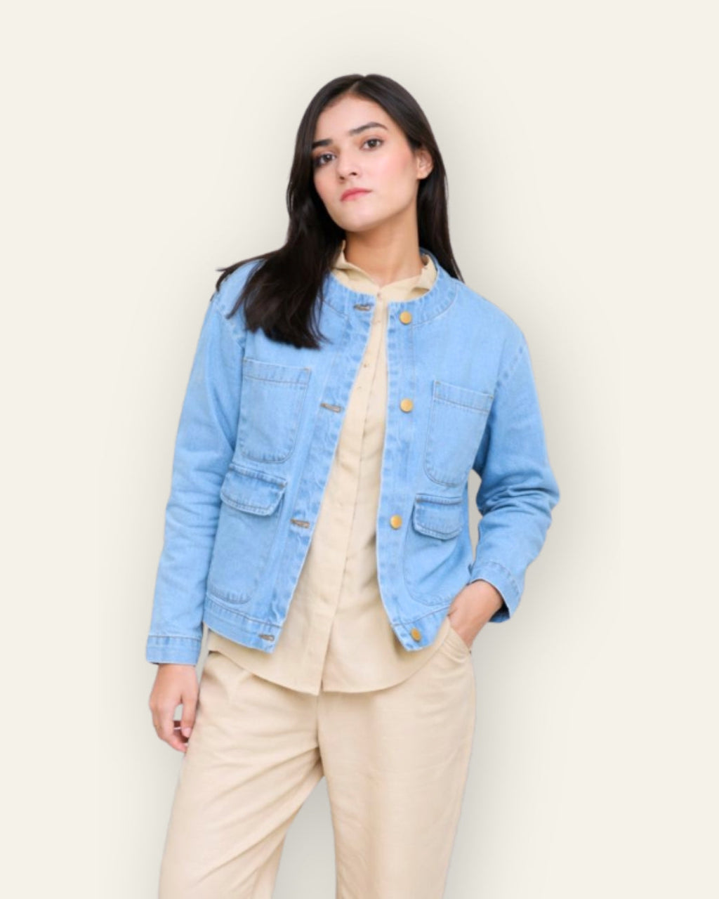 Collarless Light Wash Denim Chore Jacket