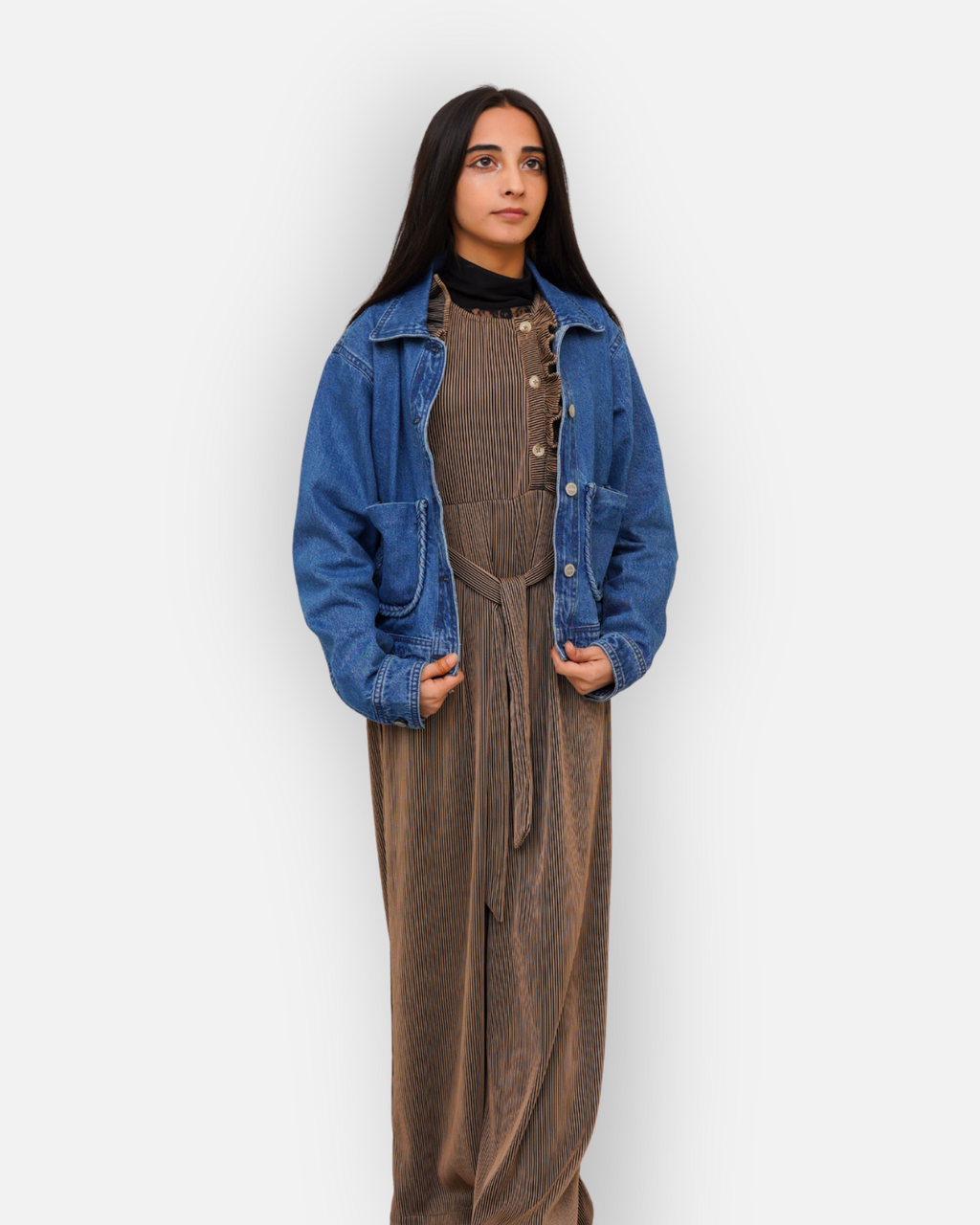 Braided Detail Mid Blue Denim Jacket