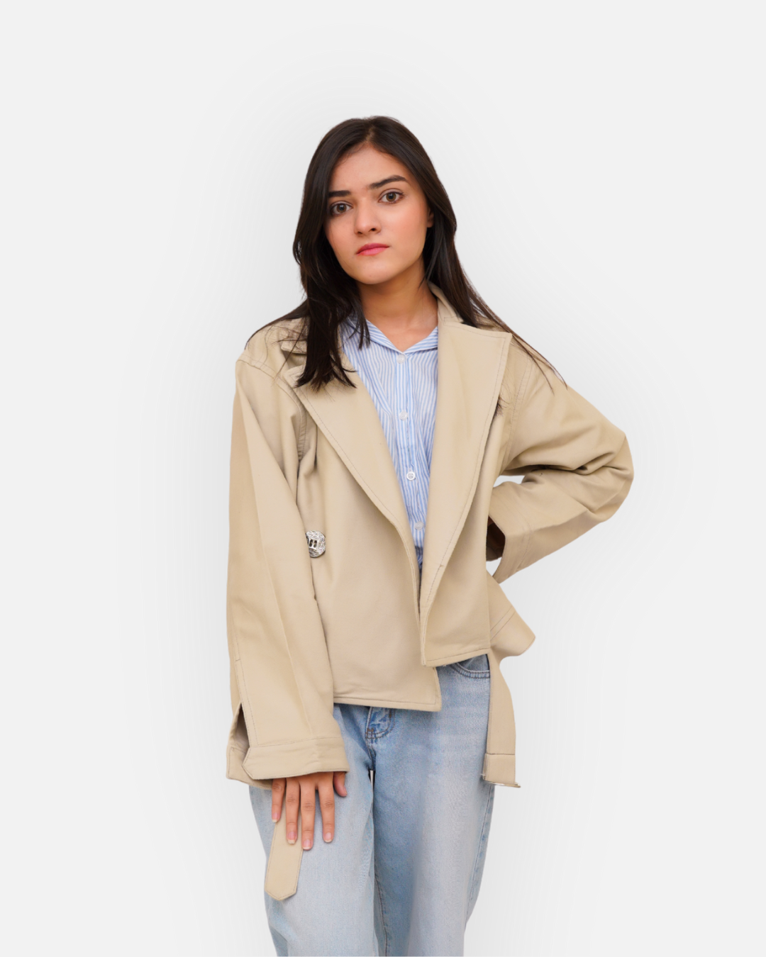 Chic Beige Cotton Double-Breasted Crop Jacket