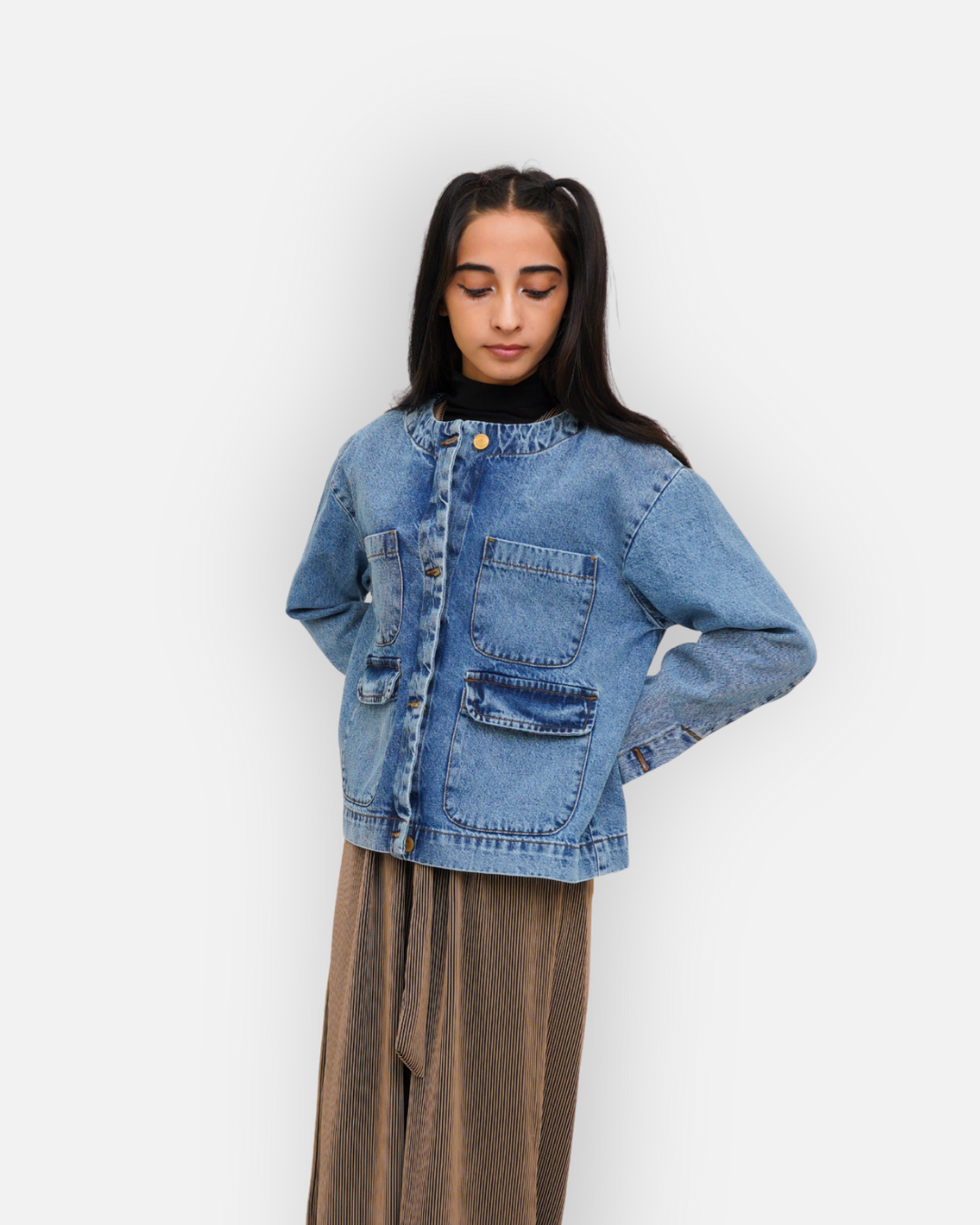 Collarless Mid Wash Denim Chore Jacket