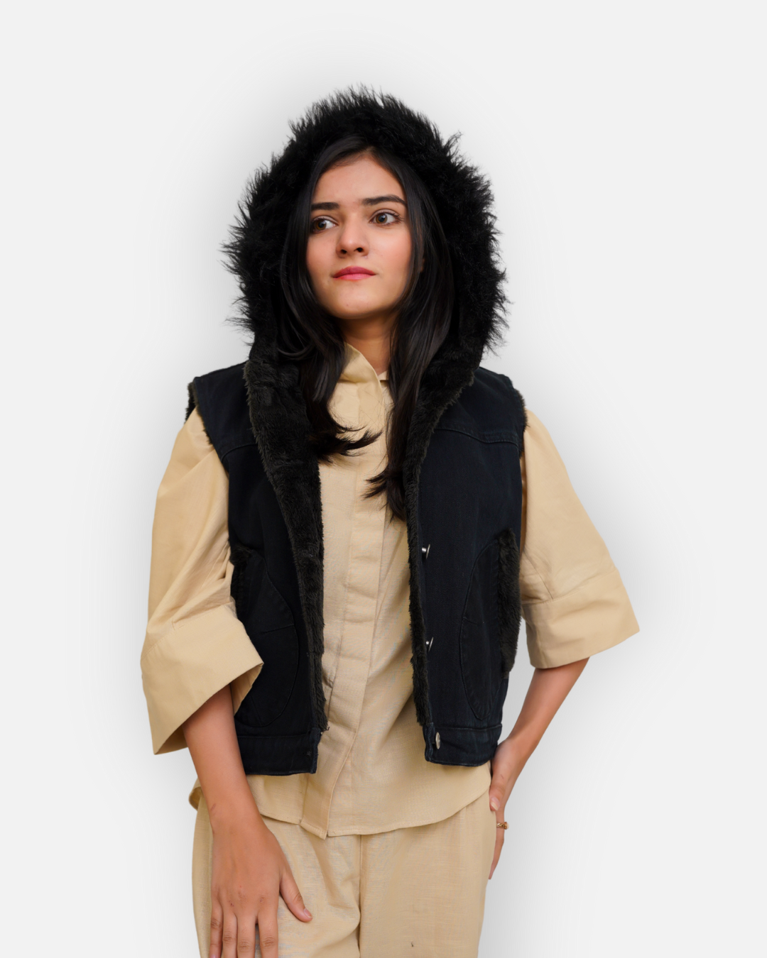 Black Denim Sleeveless Jacket with Contrast Fur Hood