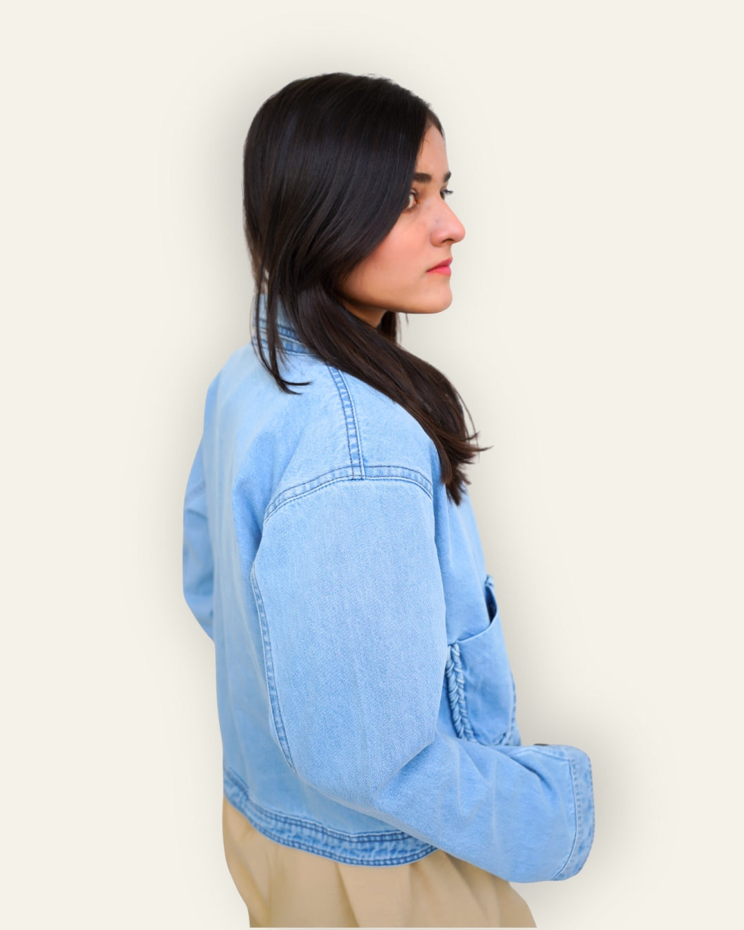 Braided Detail Light Blue Denim Jacket