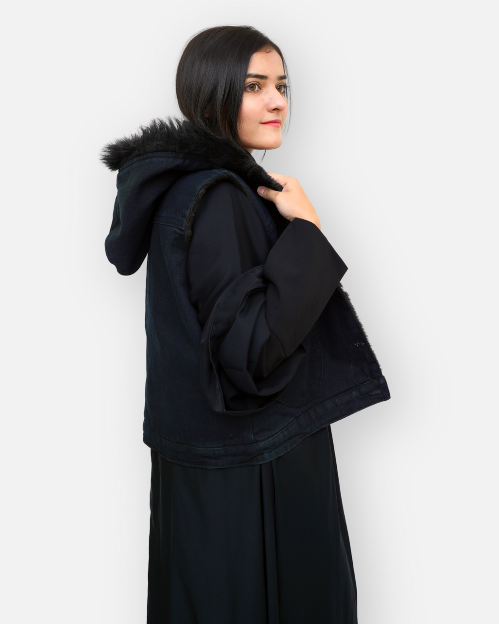 Black Denim Sleeveless Jacket with Contrast Fur Hood