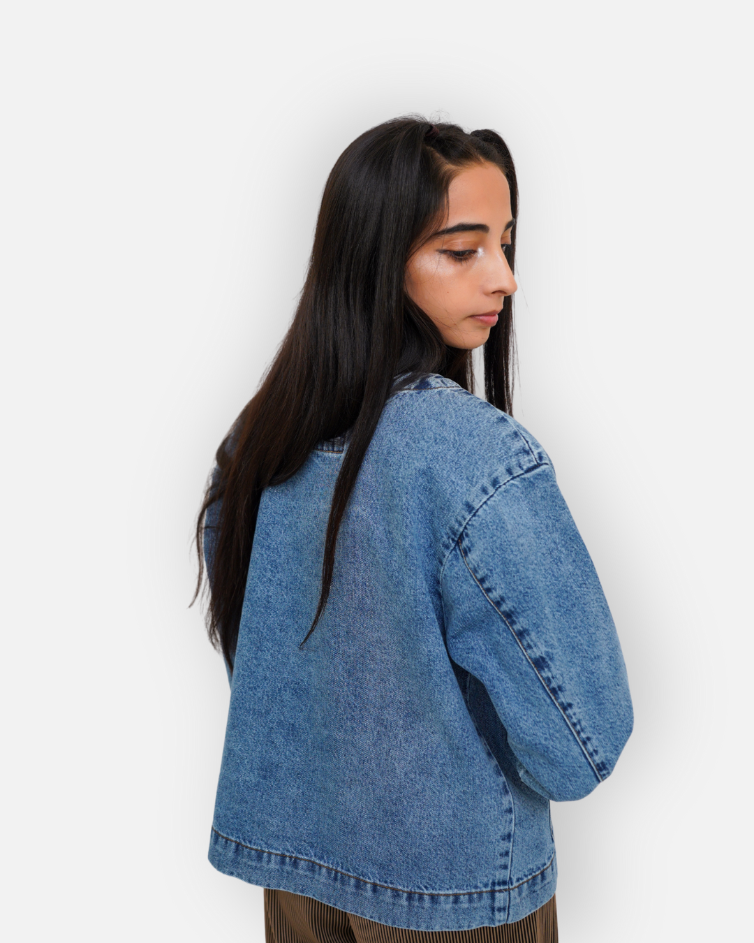 Collarless Mid Wash Denim Chore Jacket