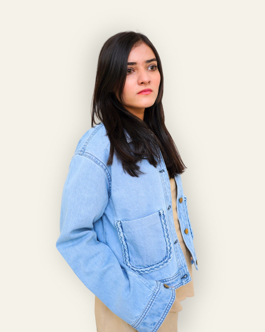 Braided Detail Light Blue Denim Jacket