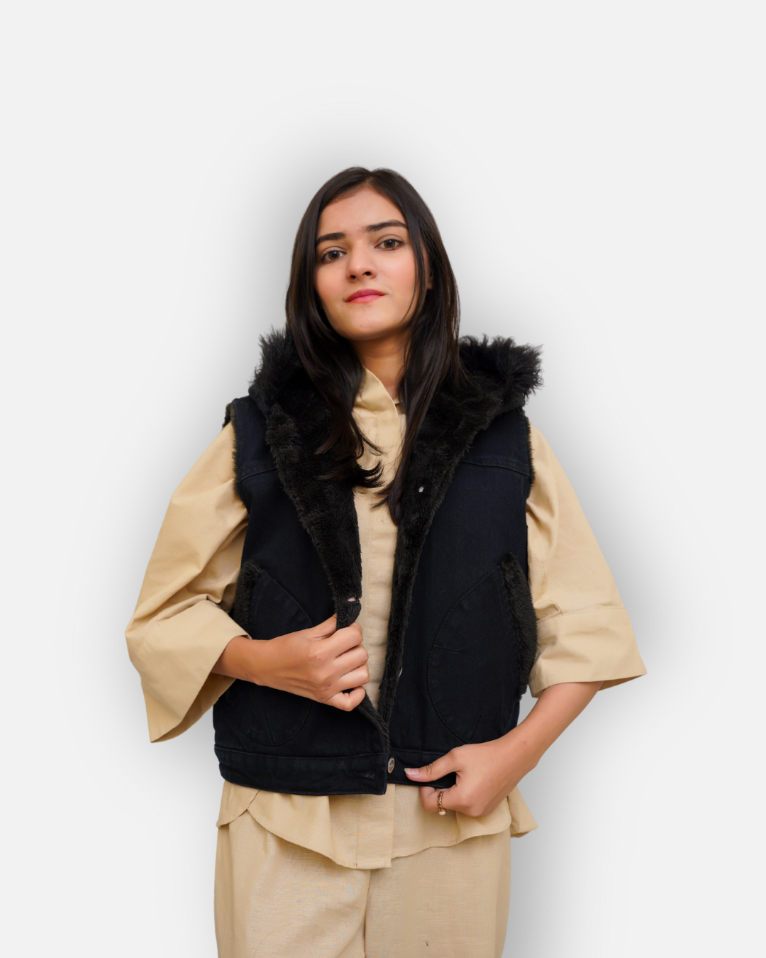 Black Denim Sleeveless Jacket with Contrast Fur Hood