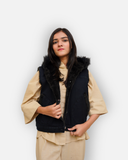 Black Denim Sleeveless Jacket with Contrast Fur Hood