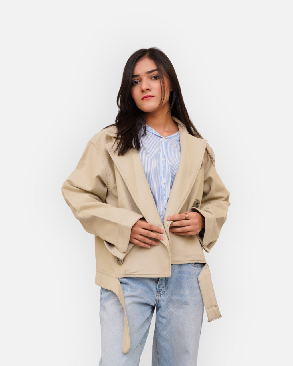 Chic Beige Cotton Double-Breasted Crop Jacket