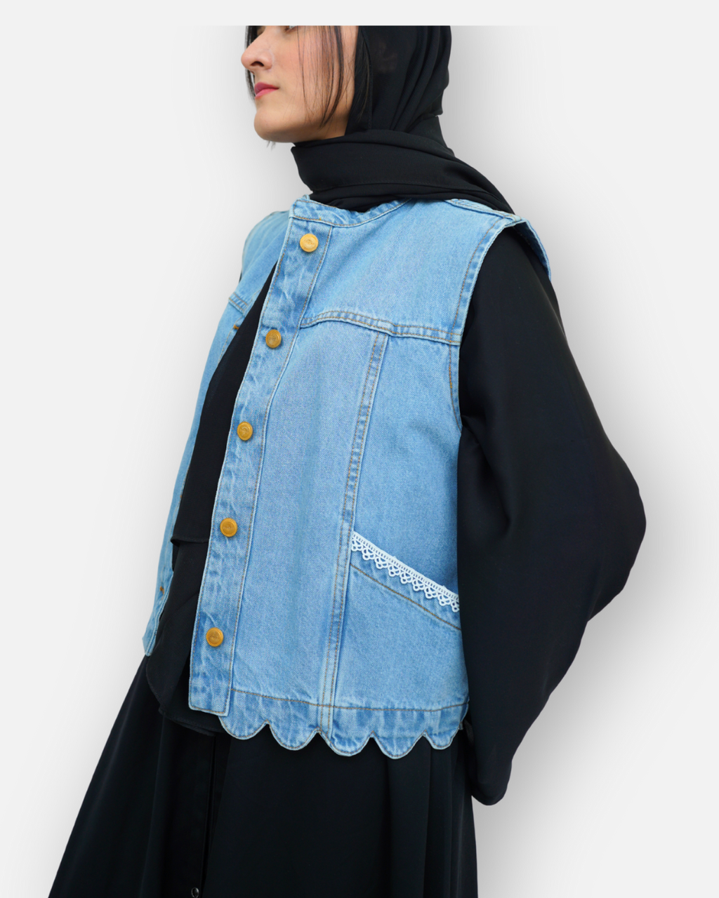 Ruffle Trim Denim Sleeveless Jacket Light Blue