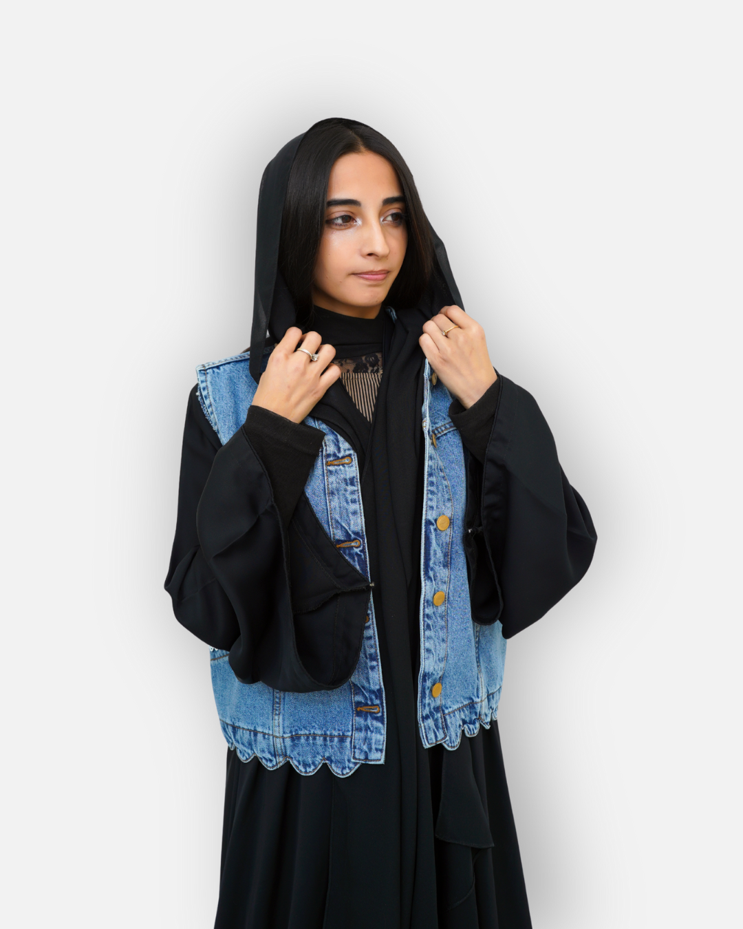 Ruffle Trim Denim Sleeveless Jacket Mid Acid Blue