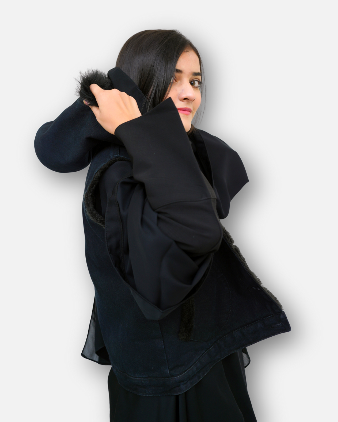 Black Denim Sleeveless Jacket with Contrast Fur Hood