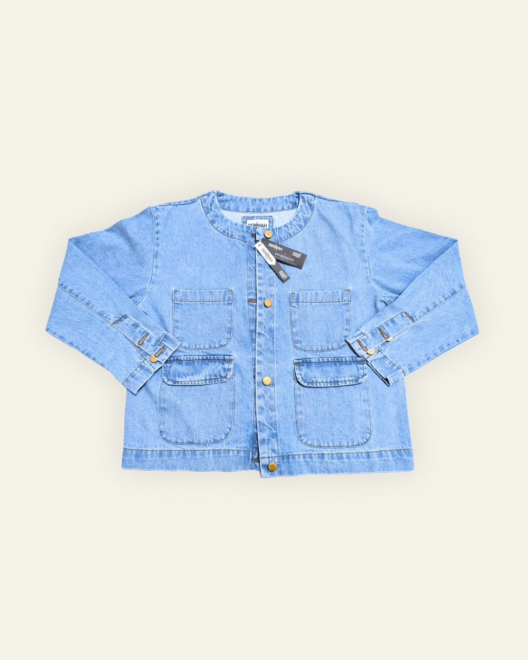 Collarless Light Wash Denim Chore Jacket