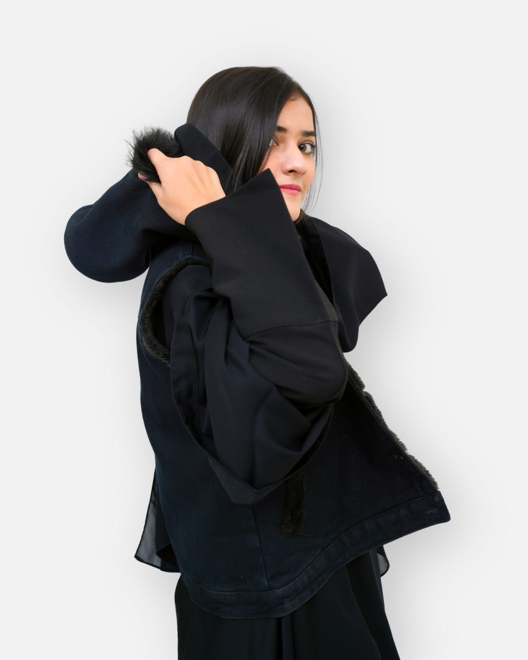 Black Denim Sleeveless Jacket with Contrast Fur Hood