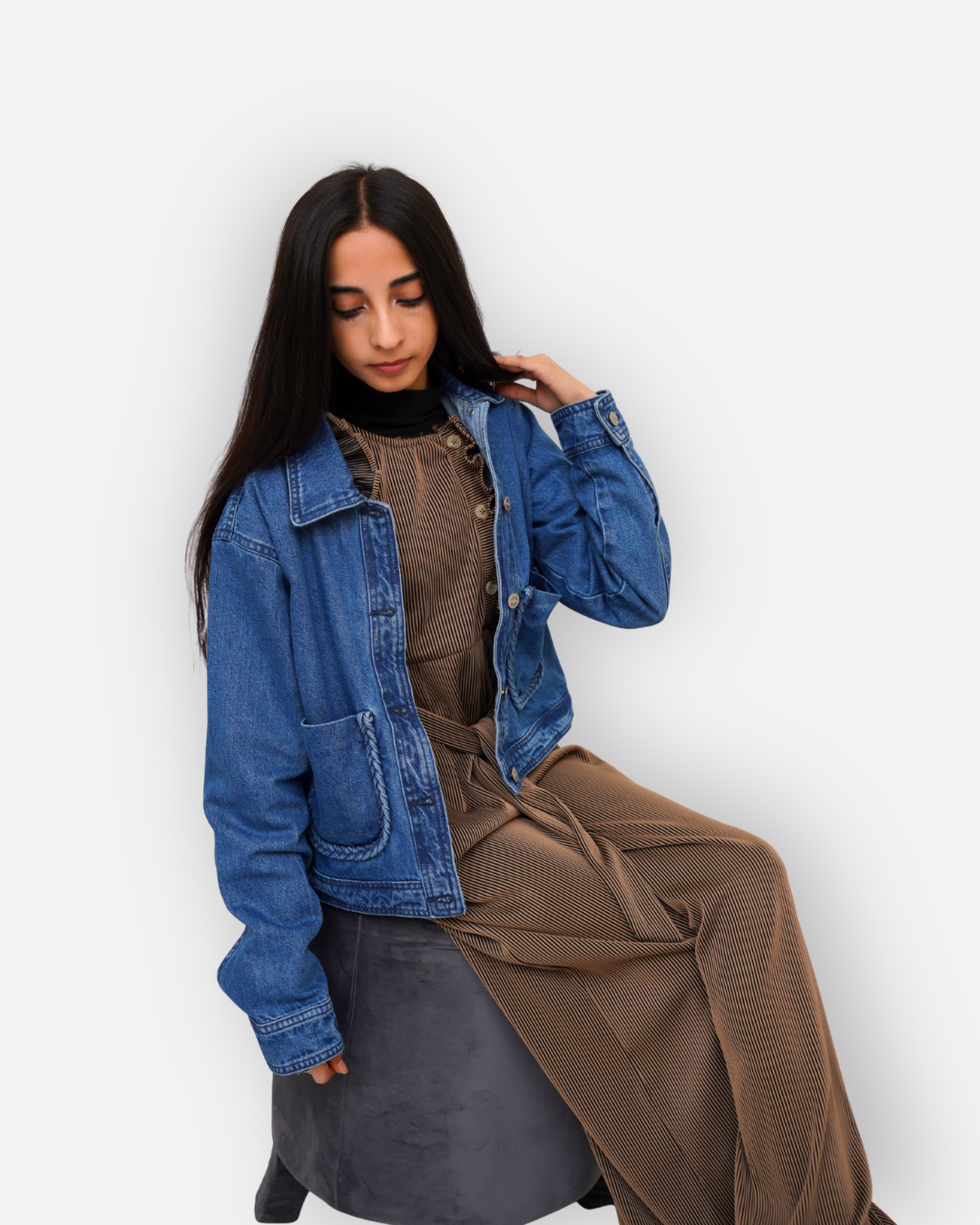 Braided Detail Mid Blue Denim Jacket
