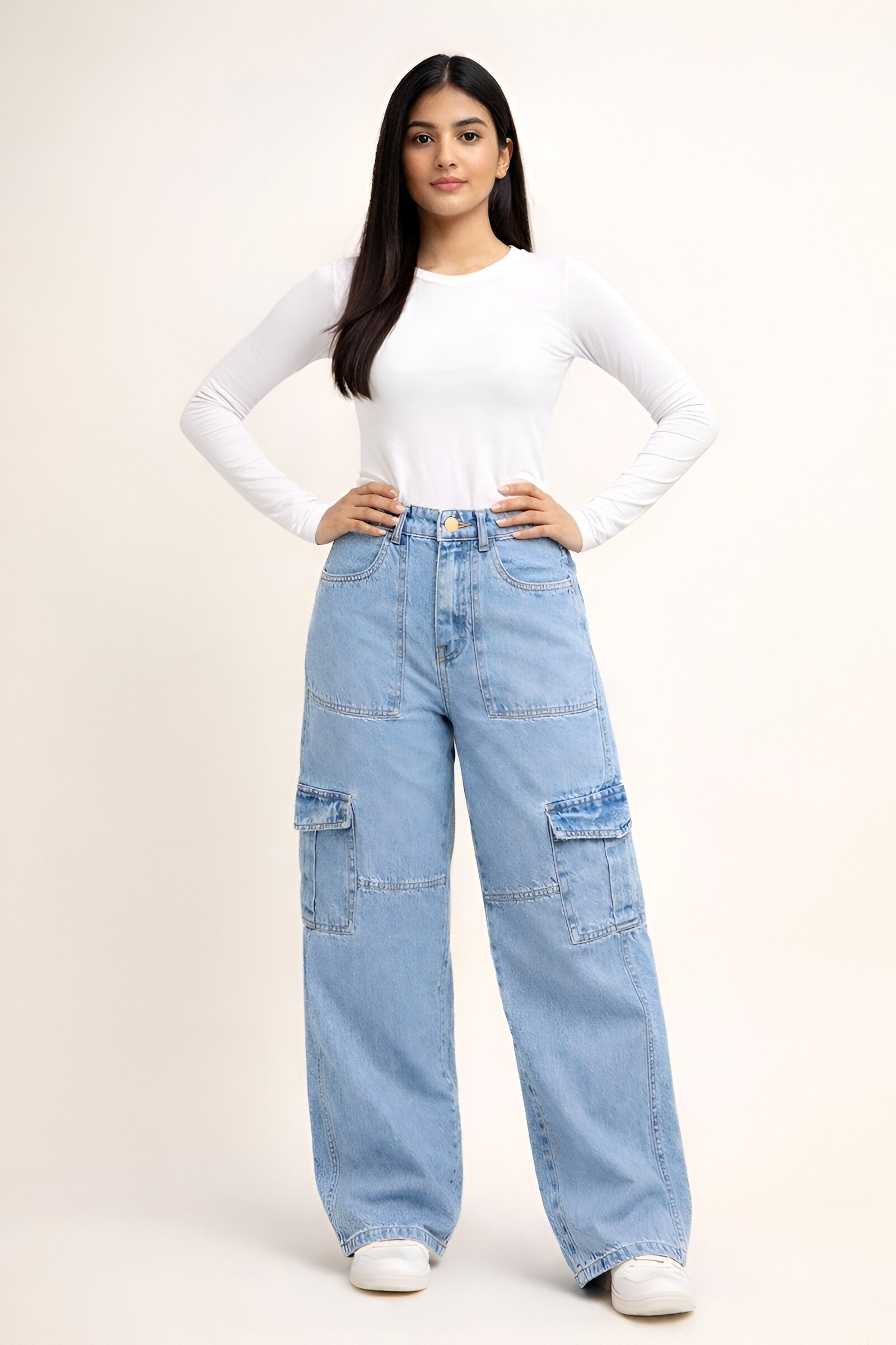 6 Pockets Mid-Light Blue Baggy Cargo Jean