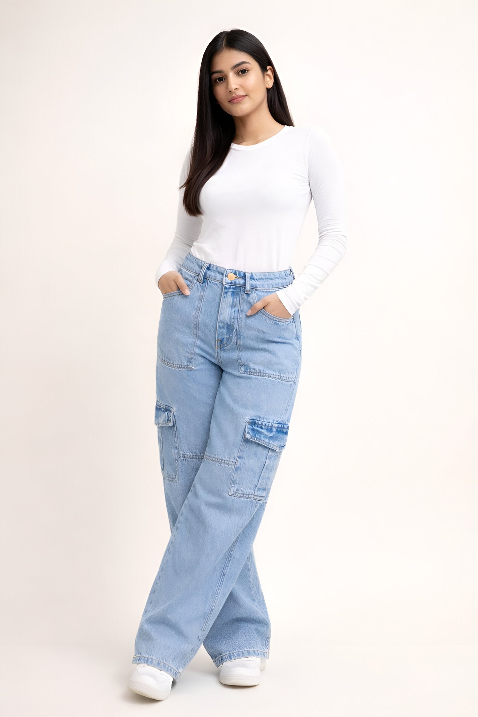 6 Pockets Mid-Light Blue Baggy Cargo Jean