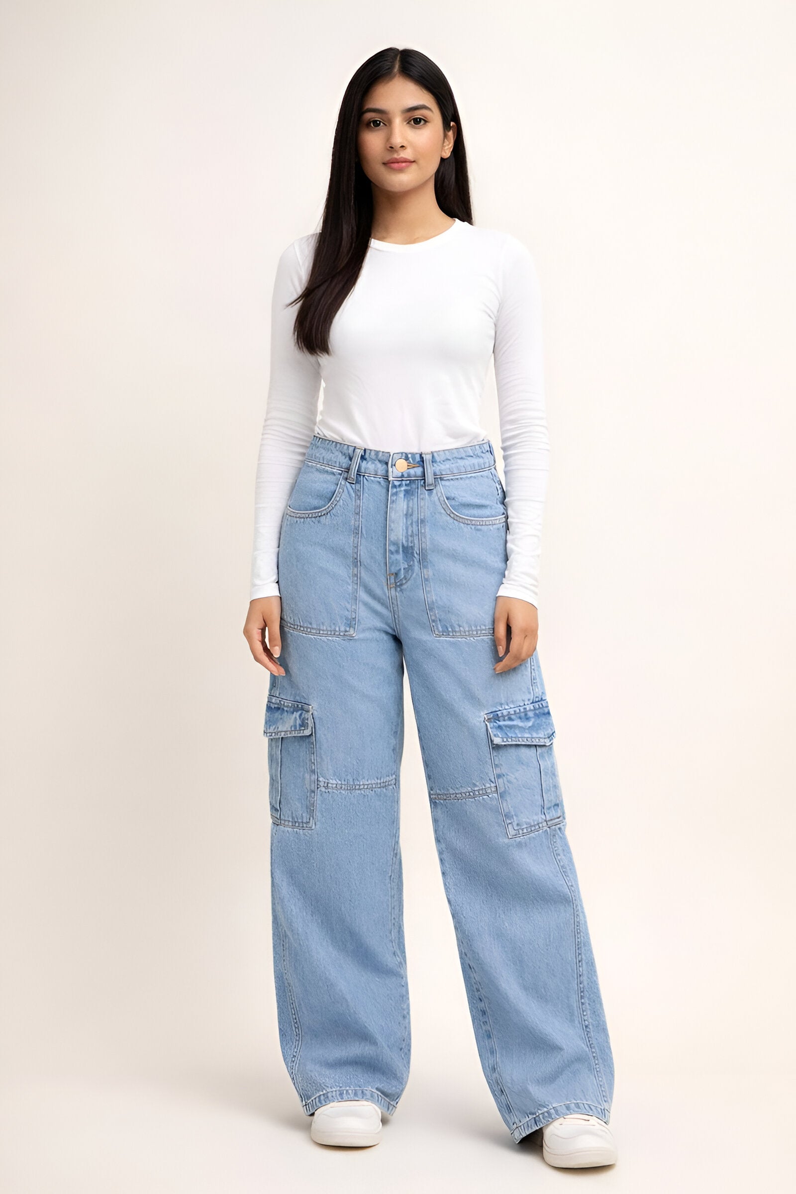 6 Pockets Mid-Light Blue Baggy Cargo Jean