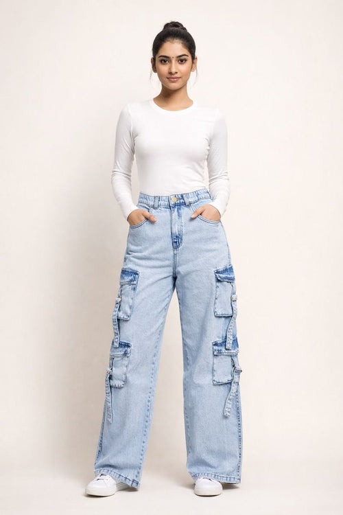 8 Pockets Light Acid Blue Baggy Cargo Jean