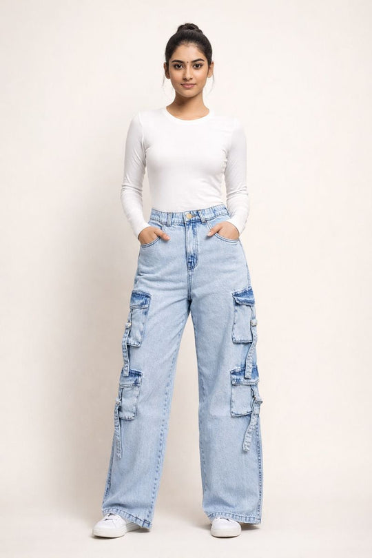 8 Pockets Light Acid Blue Baggy Cargo Jean