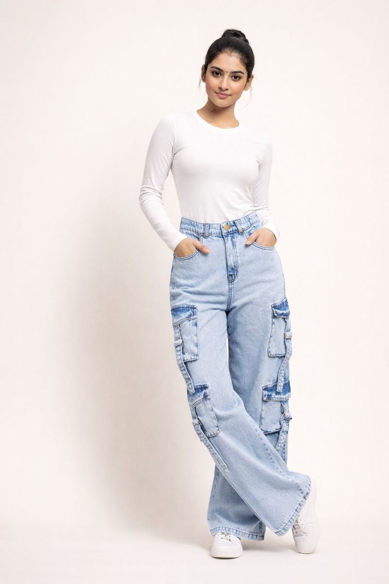 8 Pockets Light Acid Blue Baggy Cargo Jean