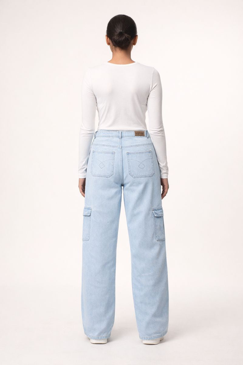 6 Pockets Light Blue Cargo Baggy Jean