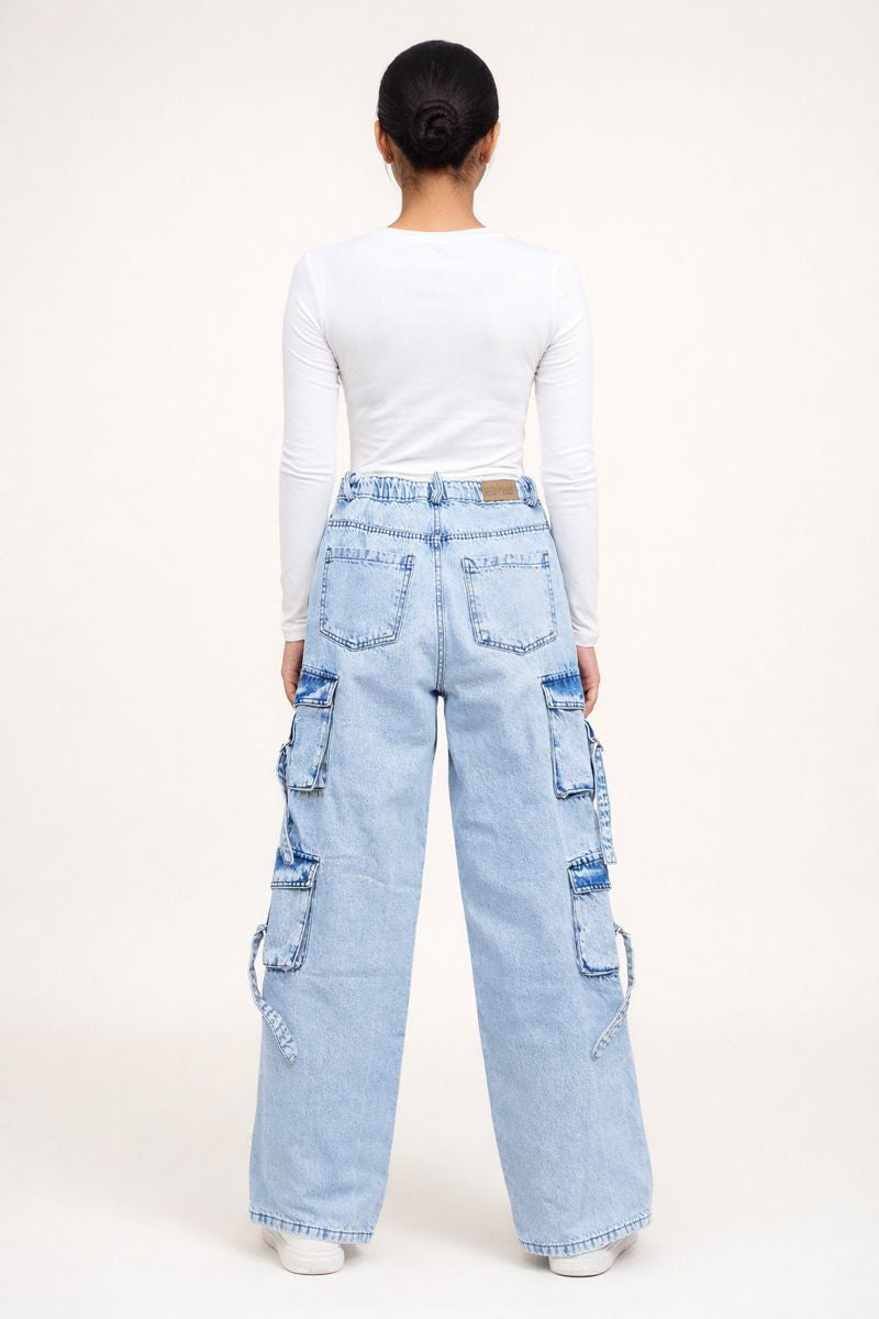 8 Pockets Light Acid Blue Baggy Cargo Jean