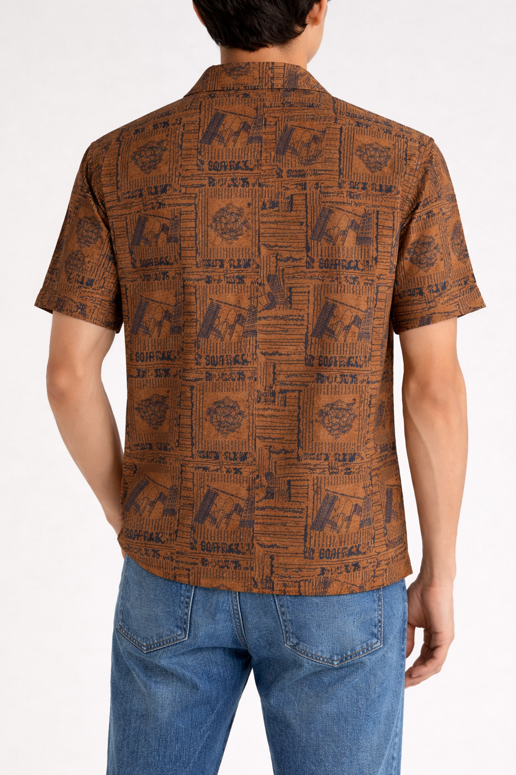 Men’s Brown Printed Short-Sleeve Shirt – Casual Button-Up