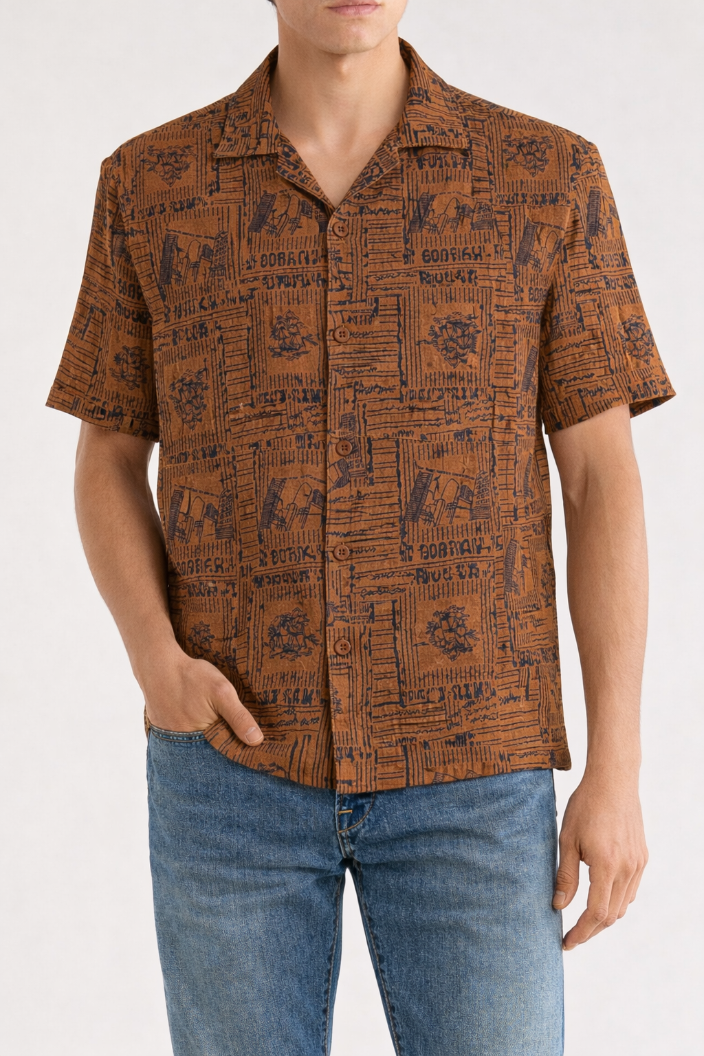 Men’s Brown Printed Short-Sleeve Shirt – Casual Button-Up