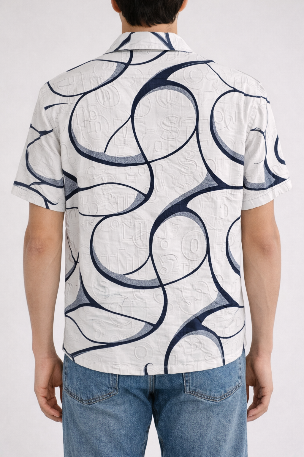 Men’s White & Navy Casual Button-Up Short-Sleeve Patterned Shirt