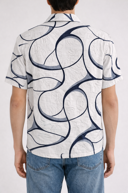 Men’s White & Navy Casual Button-Up Short-Sleeve Patterned Shirt
