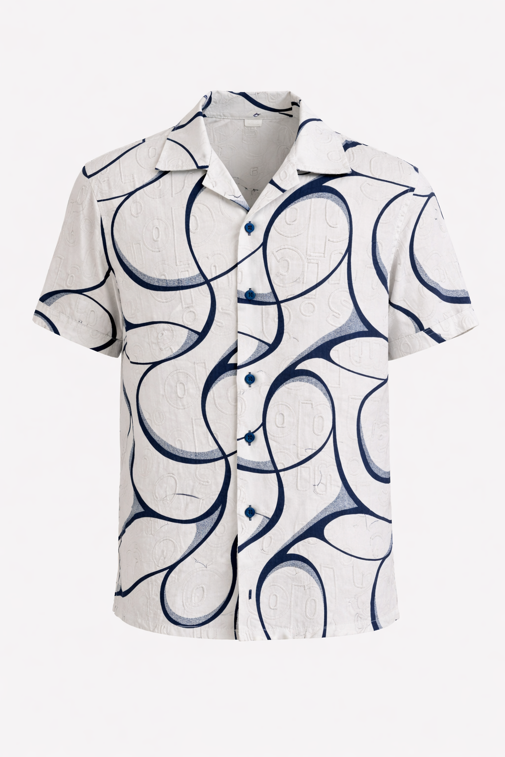 Men’s White & Navy Casual Button-Up Short-Sleeve Patterned Shirt
