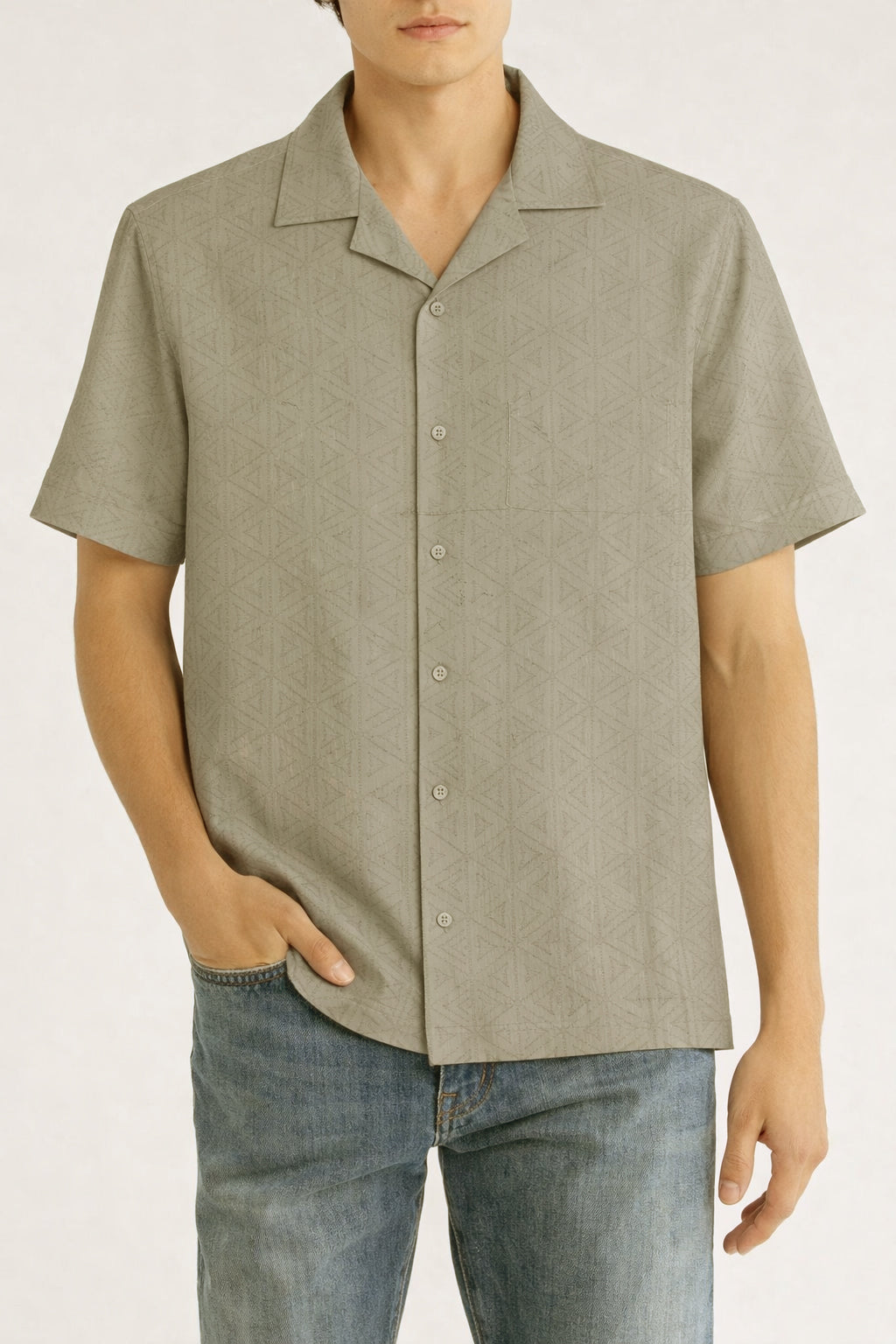 Men’s Olive Geometric Short-Sleeve Shirt – Casual Button-Up