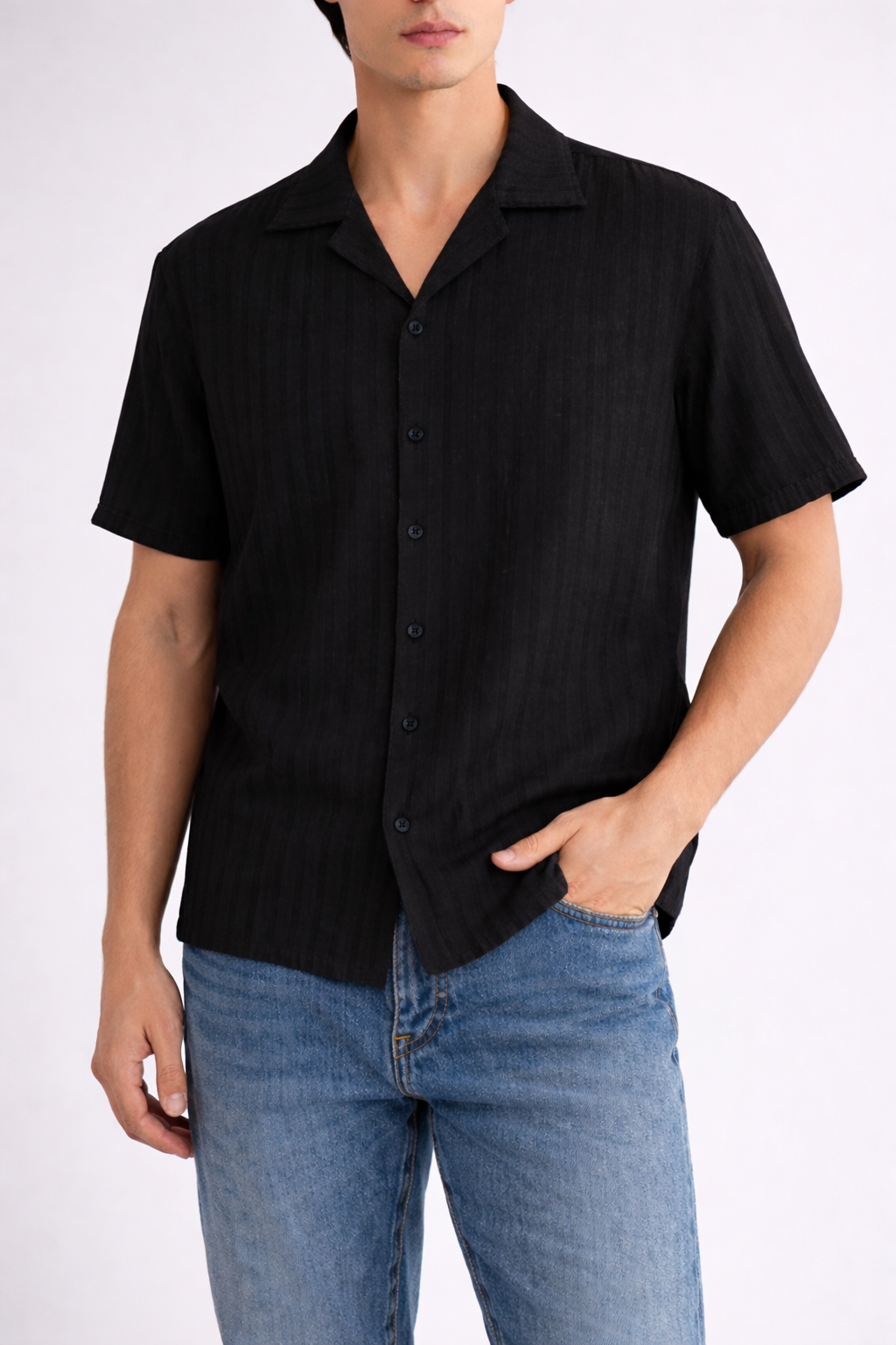 Men’s Black Short-Sleeve Button-Up Shirt with Subtle Stripe Texture