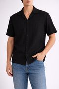 Men’s Black Short-Sleeve Button-Up Shirt with Subtle Stripe Texture