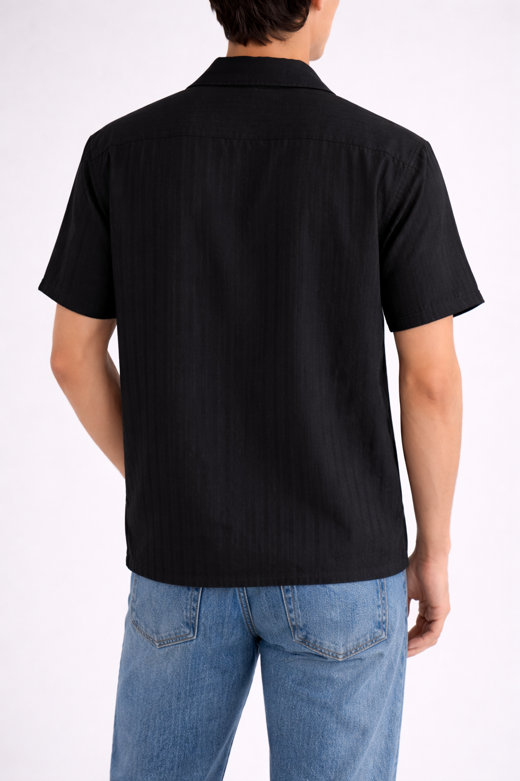Men’s Black Short-Sleeve Button-Up Shirt with Subtle Stripe Texture