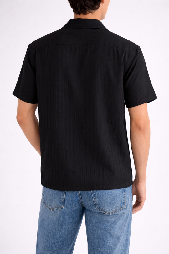 Men’s Black Short-Sleeve Button-Up Shirt with Subtle Stripe Texture