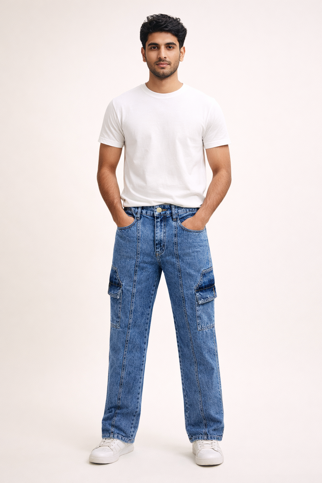 Men’s Classic Blue Cargo Denim Jean Straight-Leg with Side Pockets