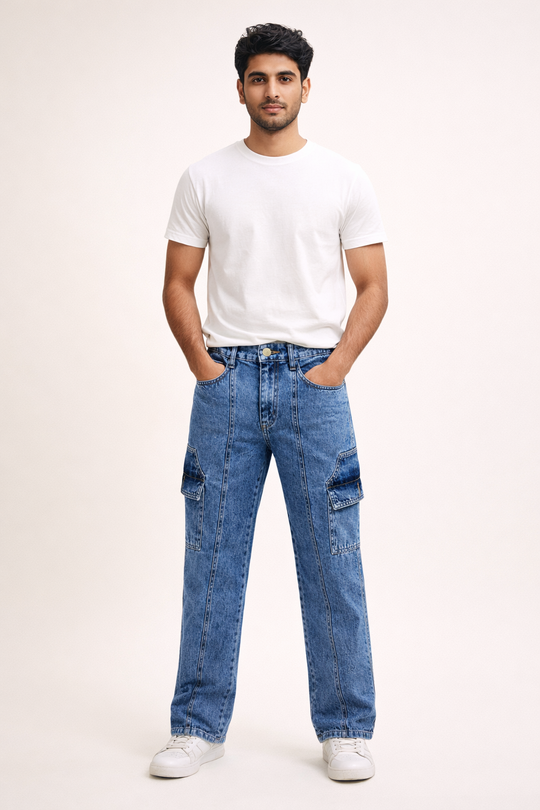 Men’s Classic Blue Cargo Denim Jean Straight-Leg with Side Pockets