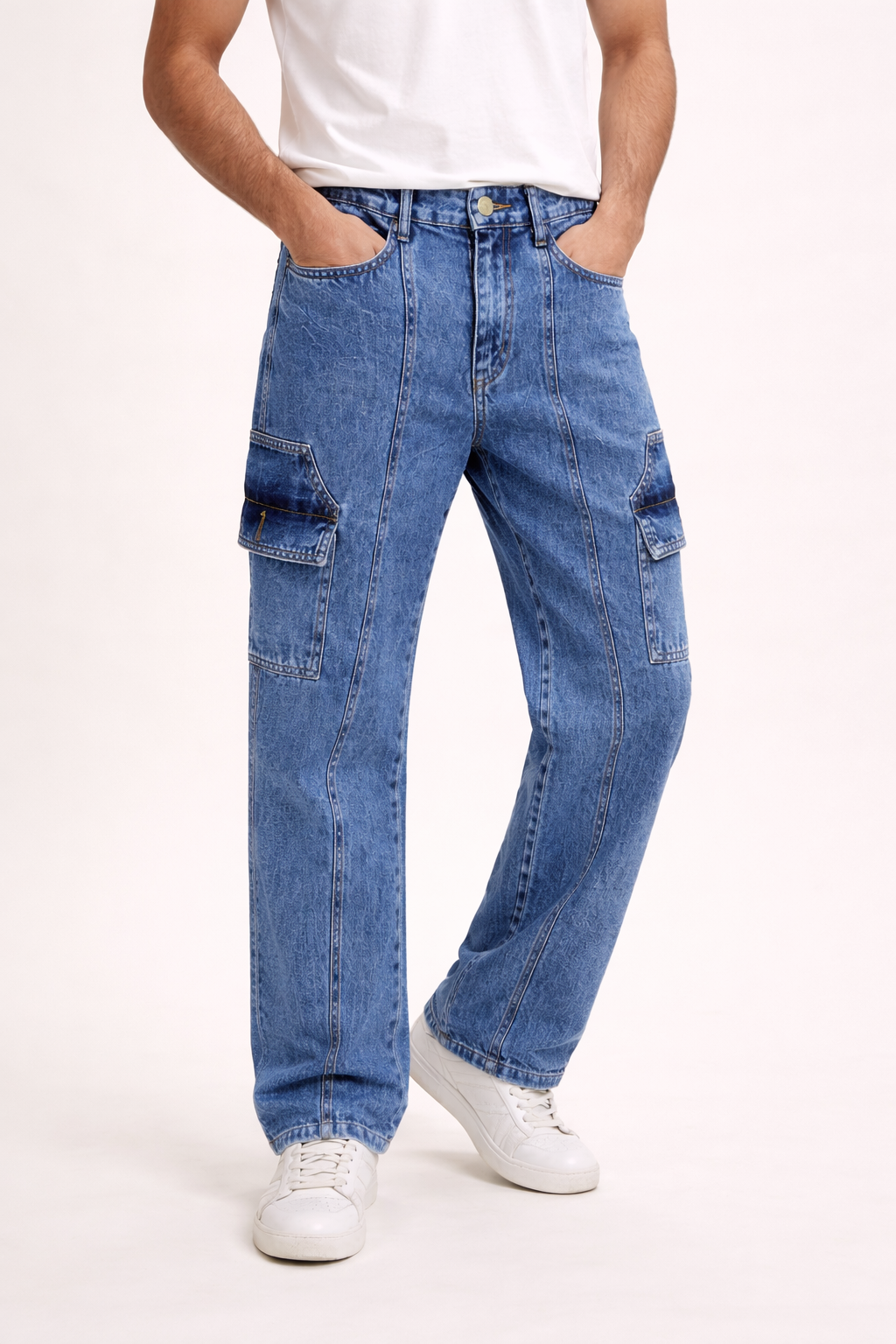 Men’s Classic Blue Cargo Denim Jean Straight-Leg with Side Pockets